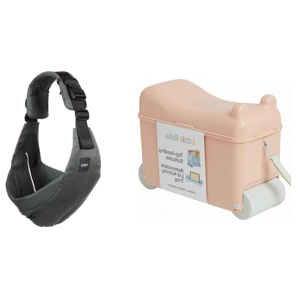 Boba - Buddy Toddler Side Sling Baby Carrier - Grey With Little Rolla - Ride-On Suitcase - Dusty Pink