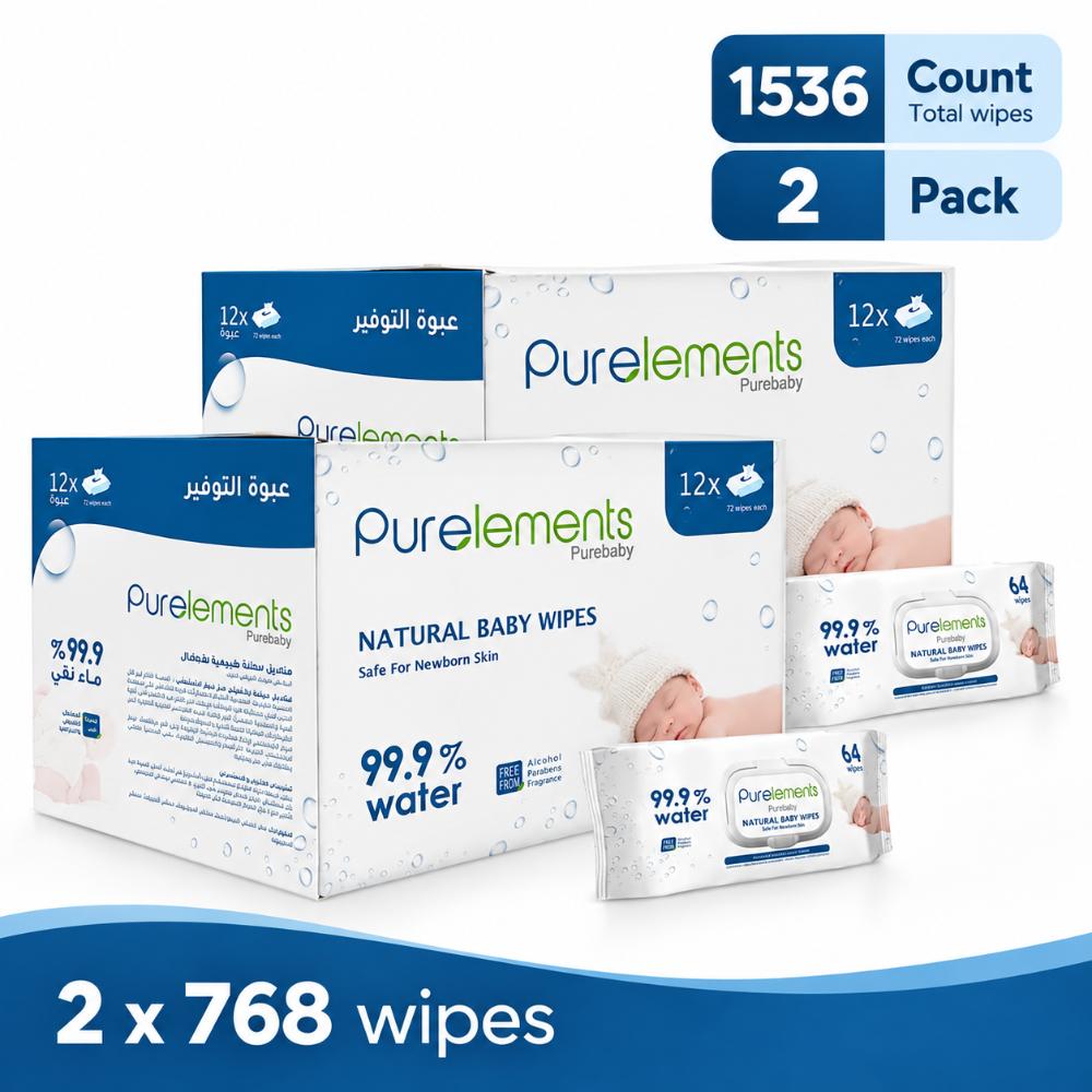 Purelements Baby Wipes For Sensitive/Delicate Skin | Natural Wipes 99.9% Water | Skin Friendly | Free from Fragrances, Parabens & Alcohol Bundle of 2 (1536 pcs)