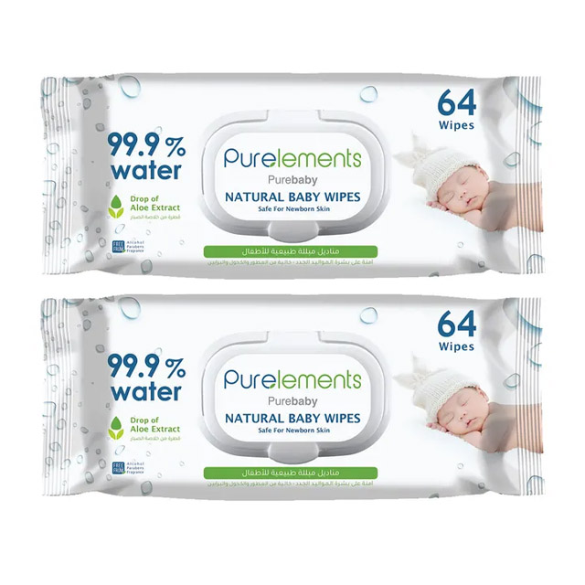 Purelements - Aloe Vera 99.9% Water Wipes for Sensitive Skin - Pack of 2 - 128 Pcs
