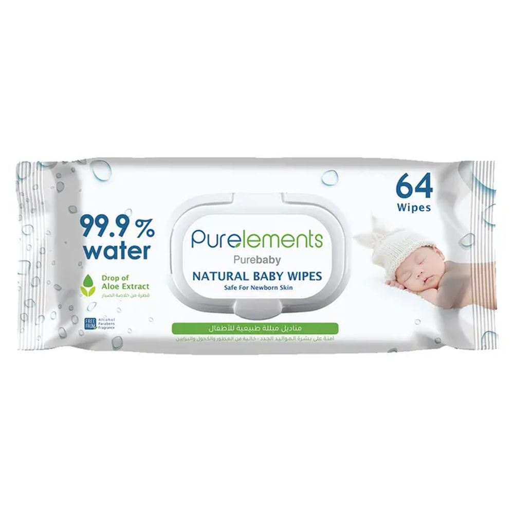 Purelements - Aloe Vera 99.9% Water Wipes for Sensitive Skin - Pack of 2 - 128 Pcs
