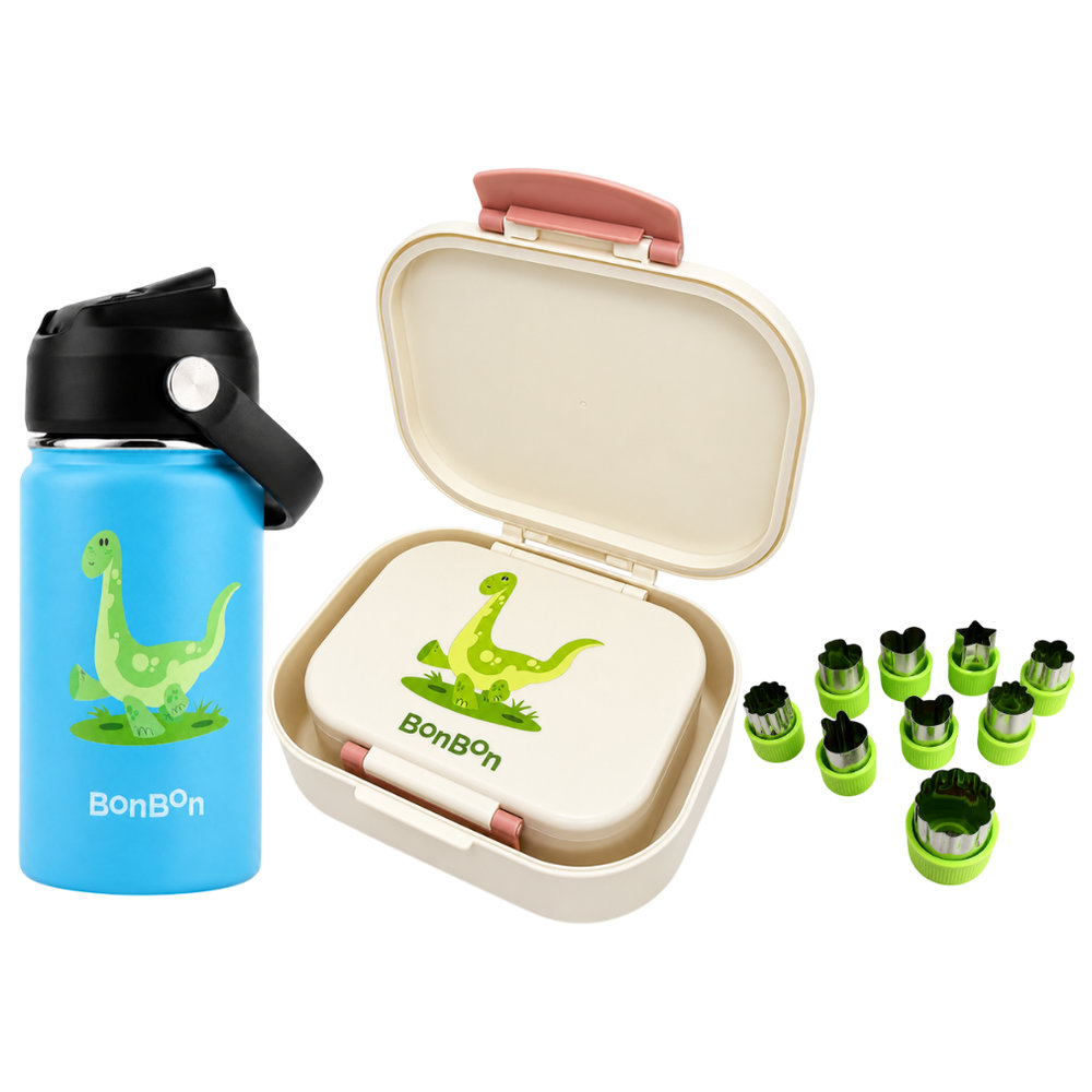 Bonbon - 4-Compartment Lunch Box & Stainless Steel Bottle 350ml With Free Fruit And Vegetable Cutters 9pcs