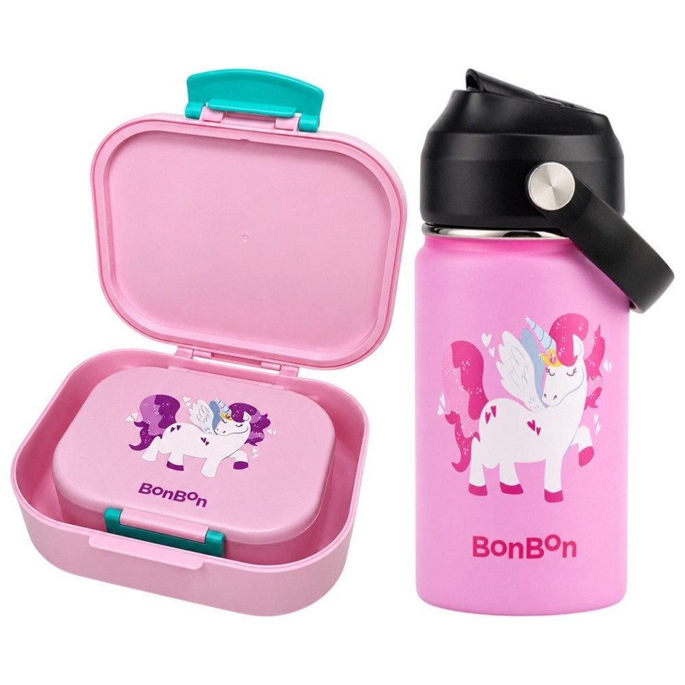 Bonbon - Stainless Steel Water Bottle - 350 ml And 4-Compartment Lunch Box - Unicorn - 2 Pc Set
