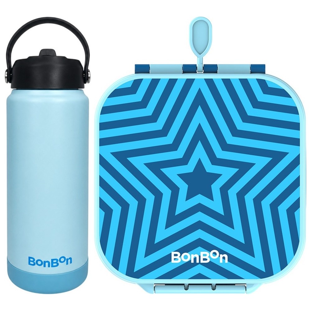 Bonbon - 3/4-Compartment Star Lunch Box With Insulated Food Jar And Steel Water Bottle With Straw Lid - 750 ml - Blue