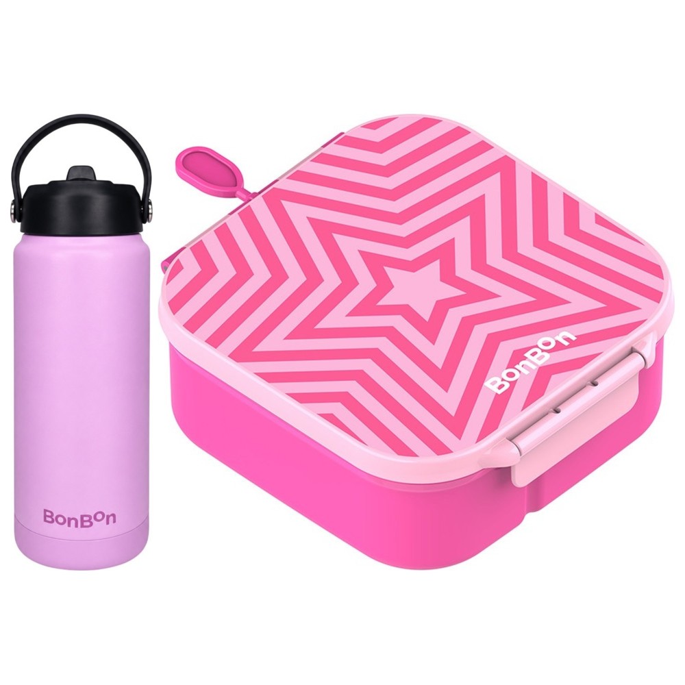 Bonbon - 3/4-Compartment Star Lunch Box With Insulated Food Jar - And Steel Water Bottle With Straw Lid - 750 ml - Pink