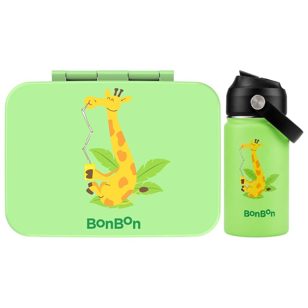 Bonbon - Stainless Steel Water Bottle - 350 ml And 3-Compartment Lunch Box - Giraffe