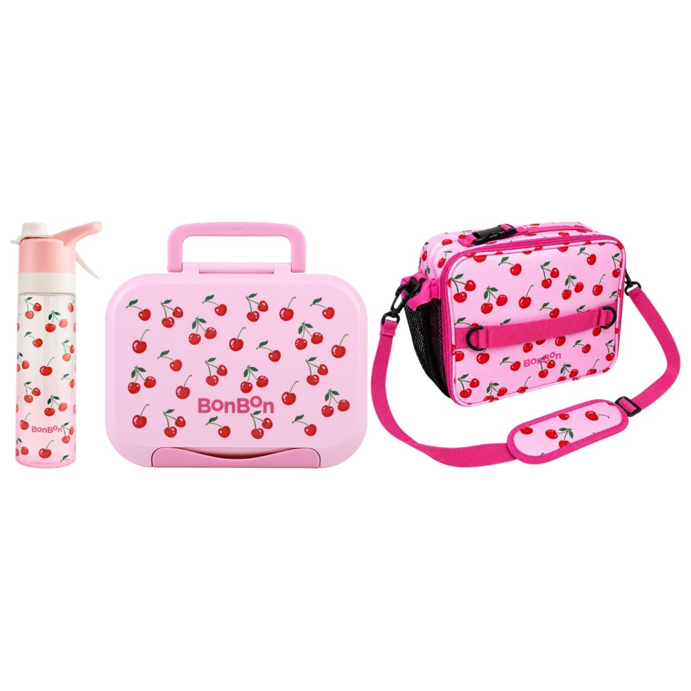 Bonbon -  Insulated Lunch Bag With Bottle Holder, 3/5-Compartment Lunch Box And  Tritan Water Bottle - 650 ml - Cherries