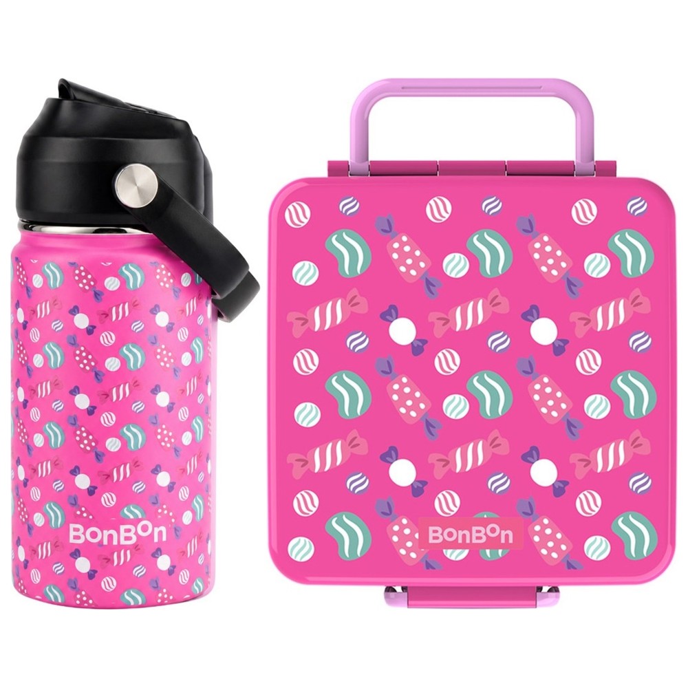 Bonbon - 3/4-Compartment Lunch Box With Insulated Food Jar - Dark Pink And Stainless Steel Water Bottle - Candies - 350 ml