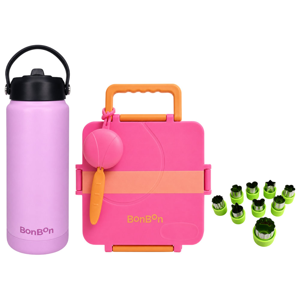 BonBon - 3/4 Pink Lunchbox & 750ml Purple Steel Bottle Set With Free Fruit And Vegetable Cutters 9pcs