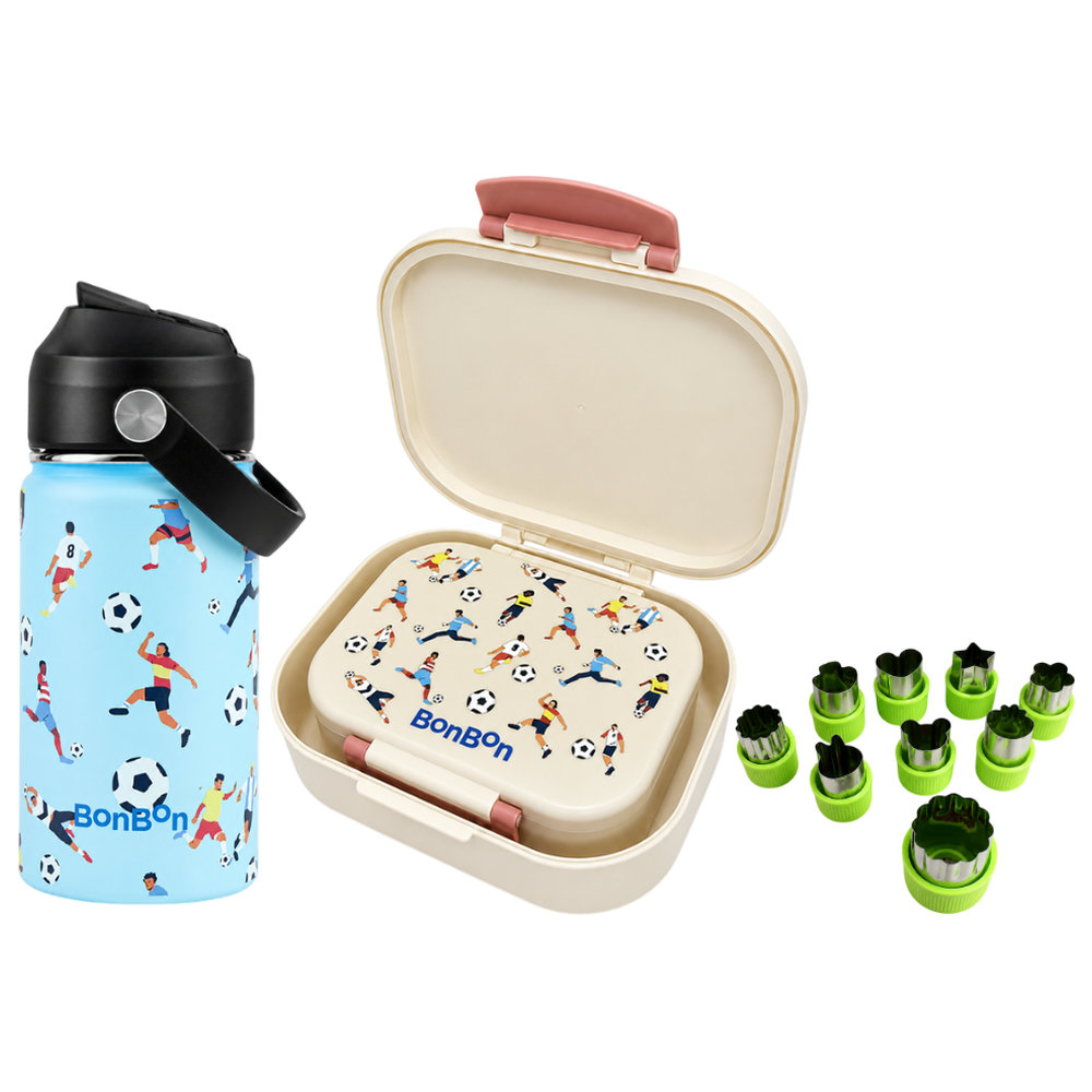 Bonbon - Football Lunch Box & 350ml Bottle Set With Free Fruit And Vegetable Cutters 9pcs