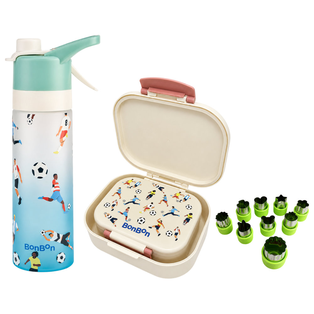 Bonbon - 4-Compartment Lunch Set & Football Spray Bottle With Free Fruit And Vegetable Cutters 9pcs