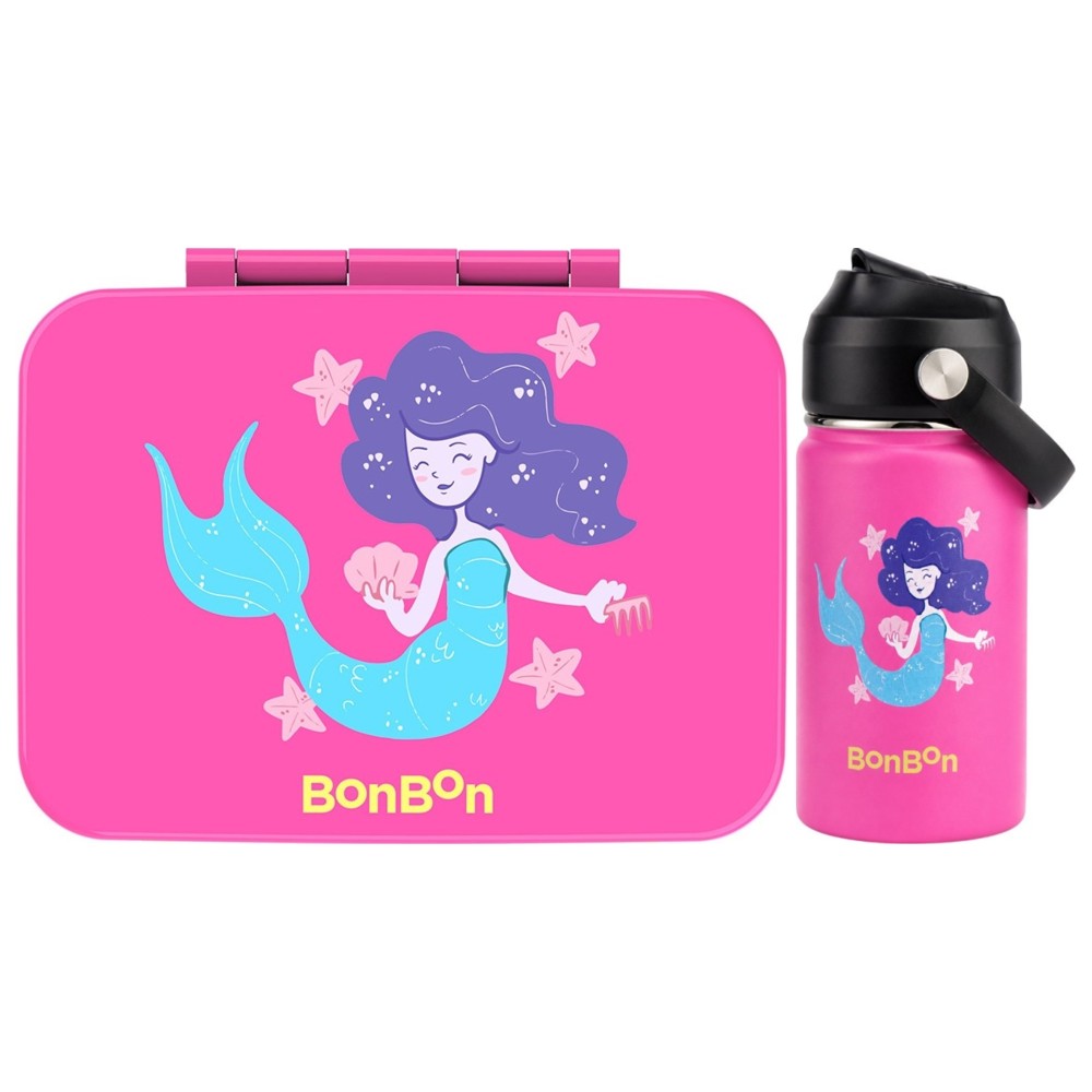 Bonbon - Stainless Steel Water Bottle - 350 ml And 3-Compartment Lunch Box - Mermaid