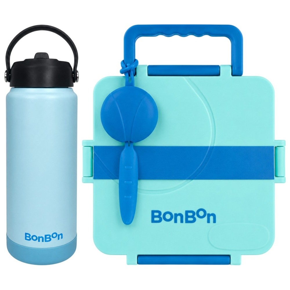 BonBon - 3-4 Compartments Lunchbox With Thermos And Steel Water Bottle With Straw - 750 ml - Stripe Light Blue