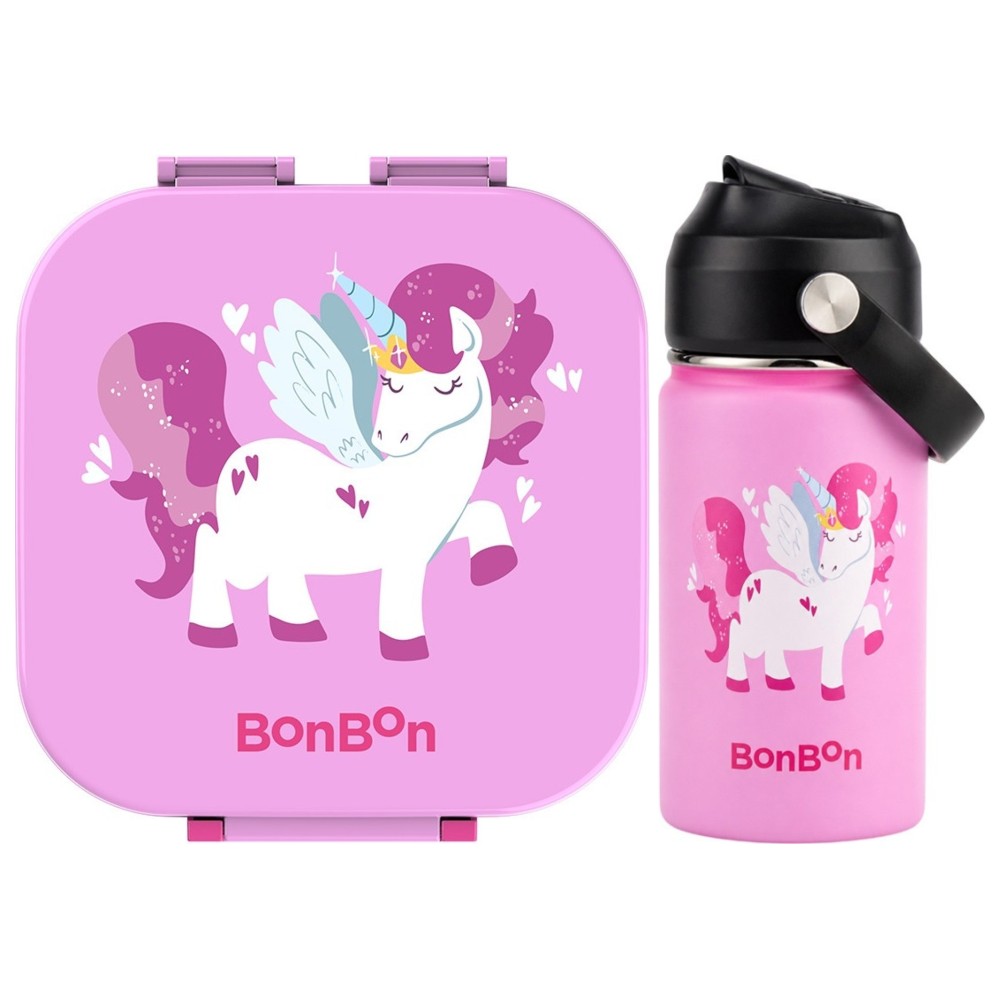 Bonbon - Stainless Steel Water Bottle - 350 ml And 3-Compartment Unicorn Lunch Box - Pink