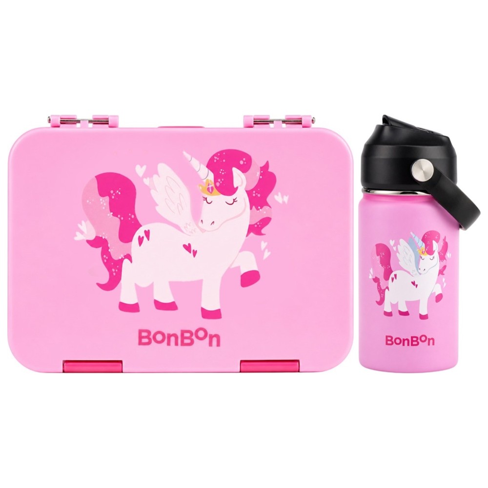 Bonbon - Stainless Steel Water Bottle - 350 ml And 4/6-Compartment Lunch Box - Unicorn