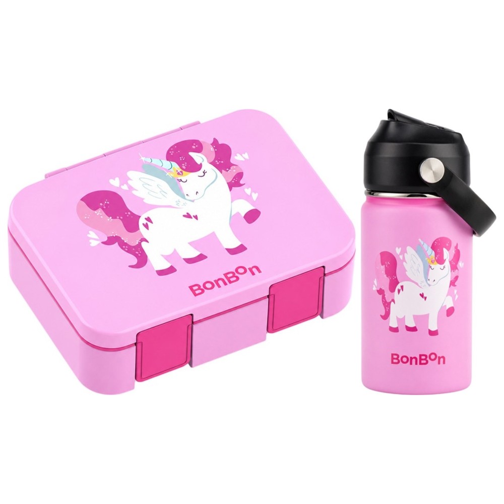 Bonbon - Stainless Steel Water Bottle - 350 ml And 3-Compartment Lunch Box - Unicorn