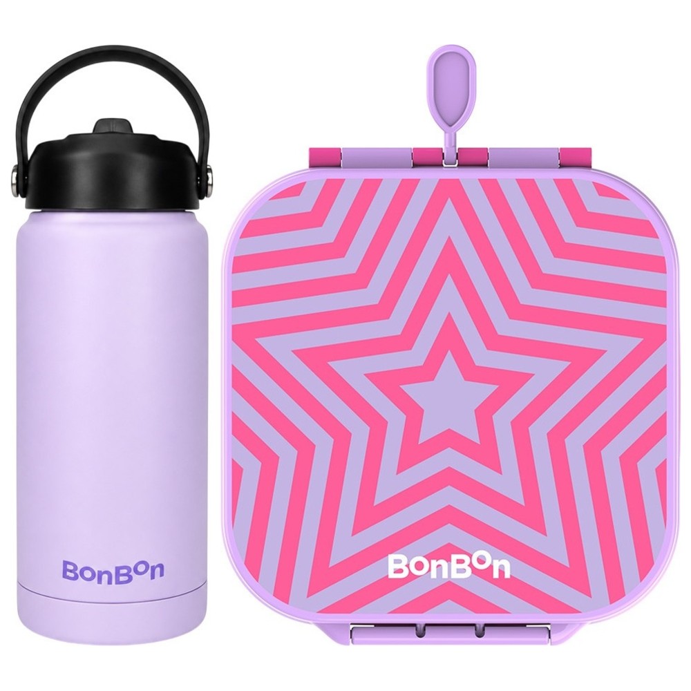 Bonbon - 3/4-Compartment Star Lunch Box With Insulated Food Jar And Steel Water Bottle With Straw Lid - 750 ml - Purple