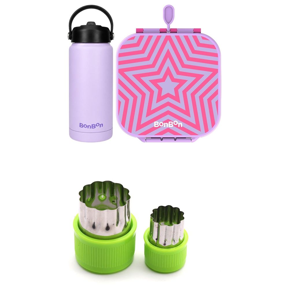 Bonbon - 3/4-Compartment Star Lunch Box With Insulated Food Jar, Steel Water Bottle With Straw Lid - Purple - 750 ml And Rainbow Skool - Free Fruit & Vegetable Cutters - 9pcs