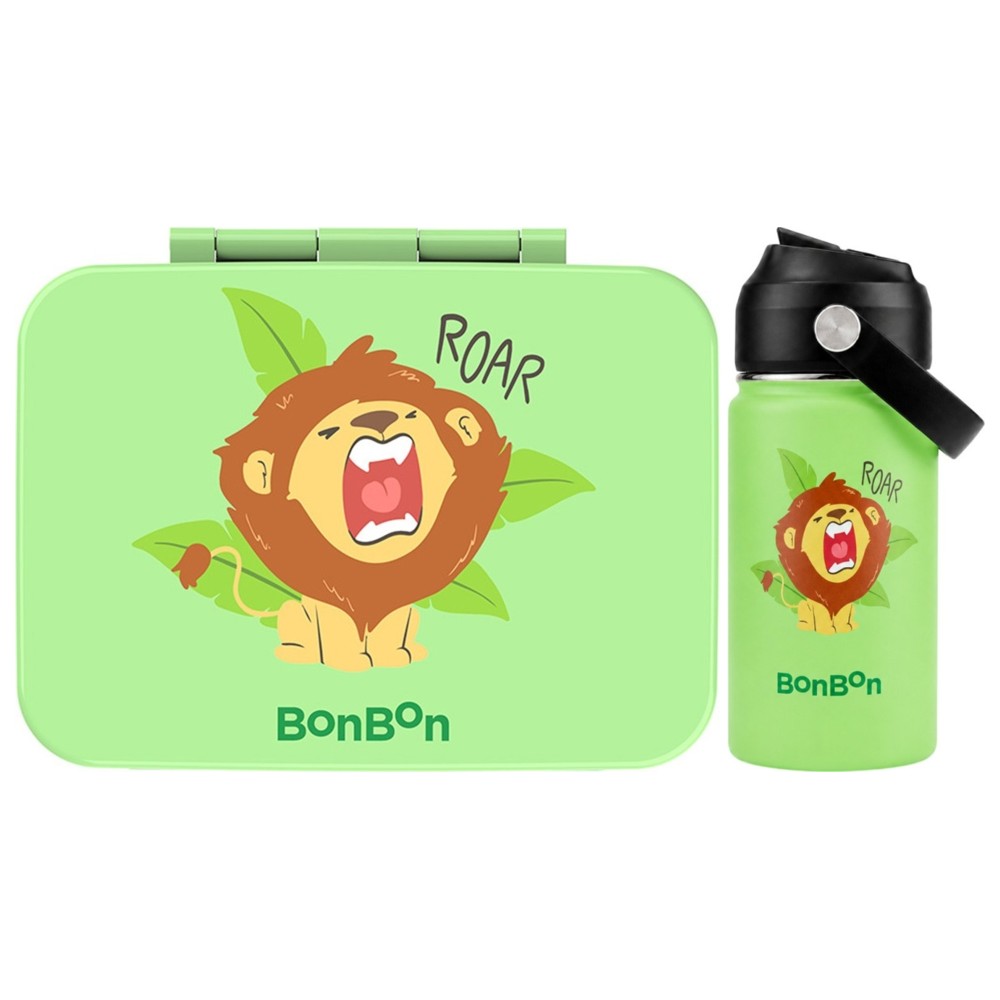 Bonbon - Stainless Steel Water Bottle - 350 ml And 3-Compartment Lunch Box - Lion