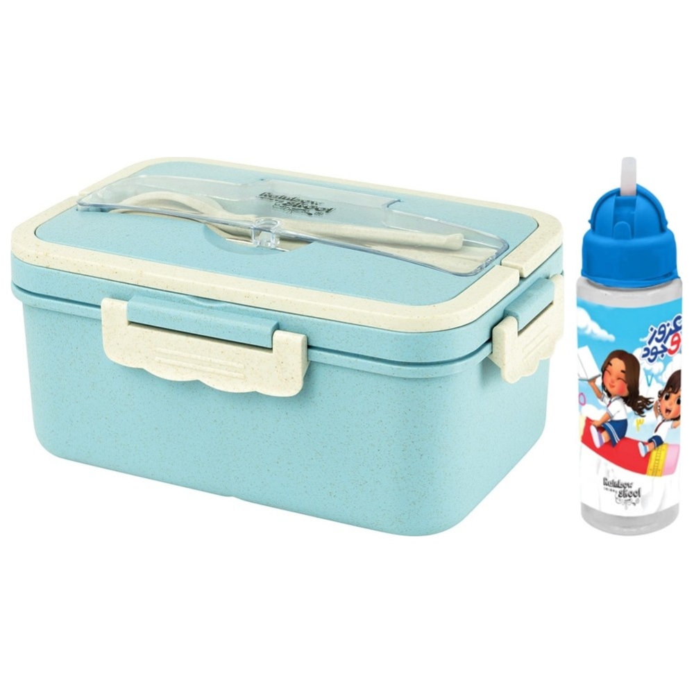 Rainbow Skool - Tritan Water Bottles - Azooz & Jude - 500 ml And 4 Compartment Lunchbox With Cutlery - 1500 ml - Blue