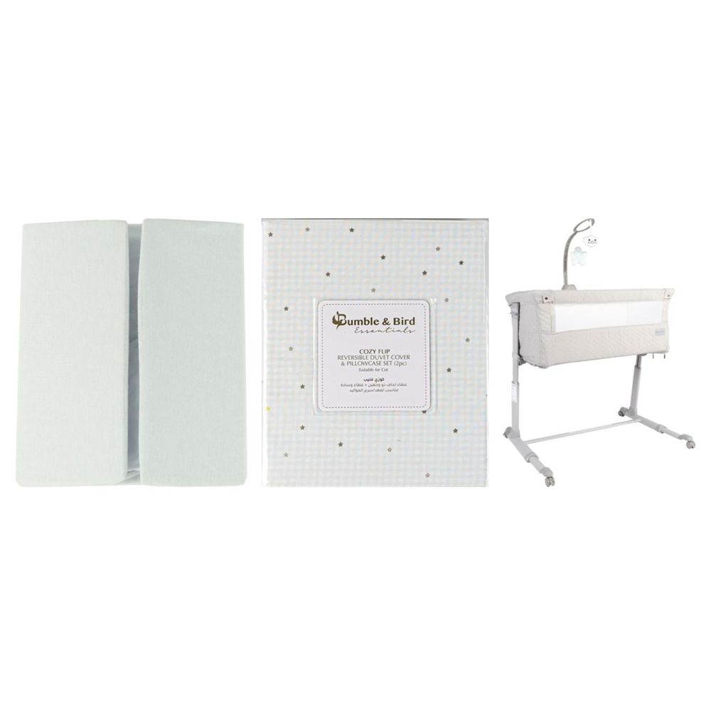 Bumble & Bird - Adjustable Bedside Co-Sleeper & Crib - Grey With Reversible Duvet Cover & Pillowcase For Cot - Grey And Cotton Jersey for Moses Basket - 2 Pcs