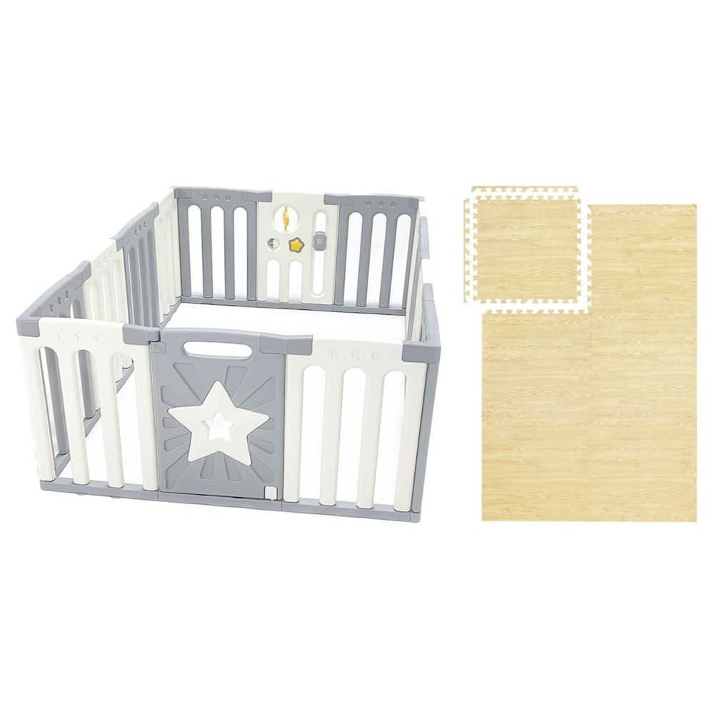Bumble & Bird - Star Design Baby Safety Playpen - 14 Pcs and Foam Play Mat Tiles - Hazelnut Wood - 6 Pcs