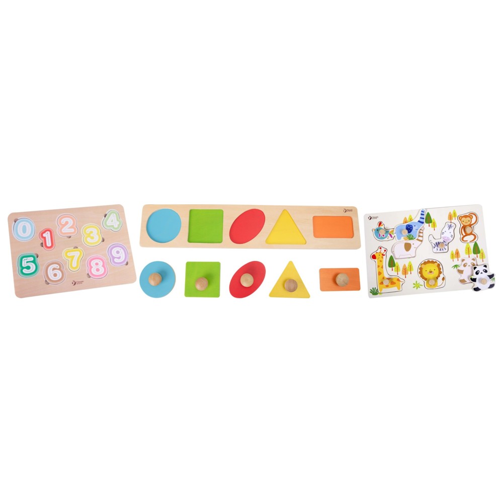 Classic World - Zoo, Geometry & Numbers Wooden Puzzle Trio - 3 Pc Set