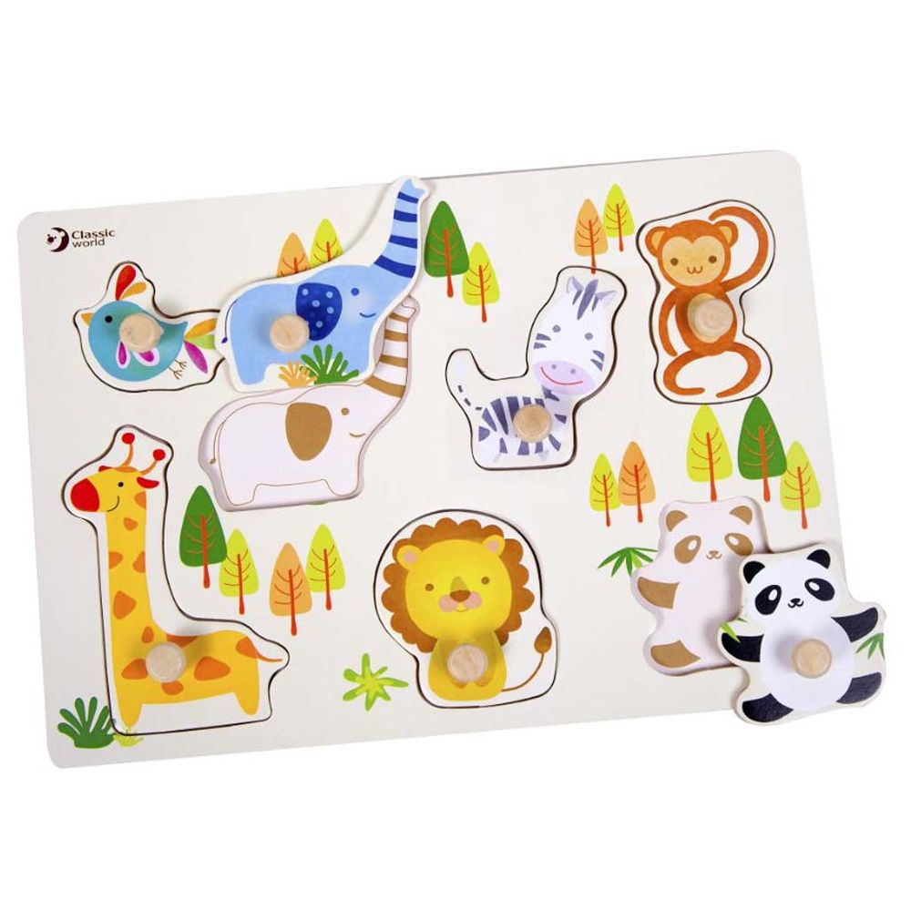Classic World - Zoo, Geometry & Numbers Wooden Puzzle Trio - 3 Pc Set