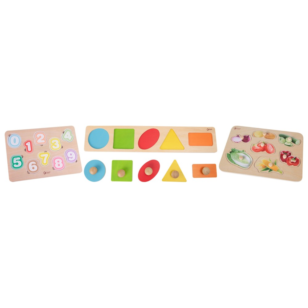 Classic World - Vegetable, Geometry & Numbers Wooden Puzzle Trio - 3 Pc Set