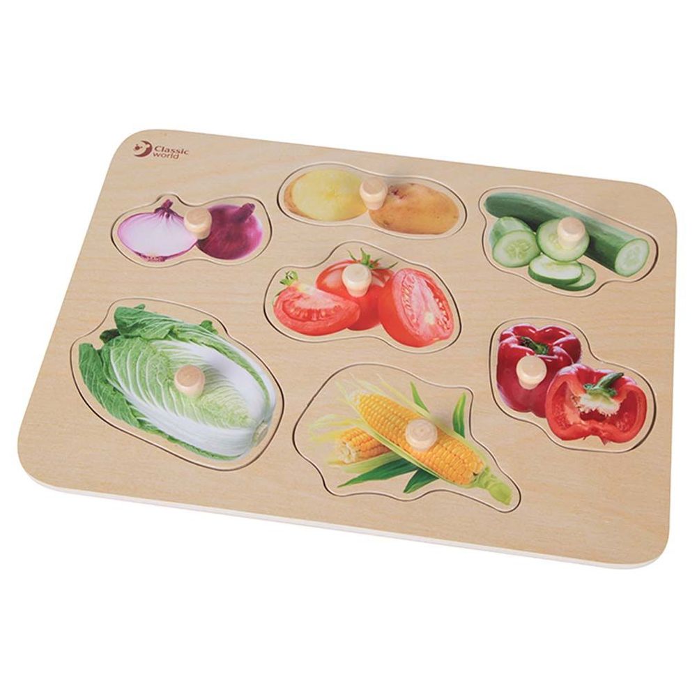 Classic World - Vegetable, Geometry & Numbers Wooden Puzzle Trio - 3 Pc Set