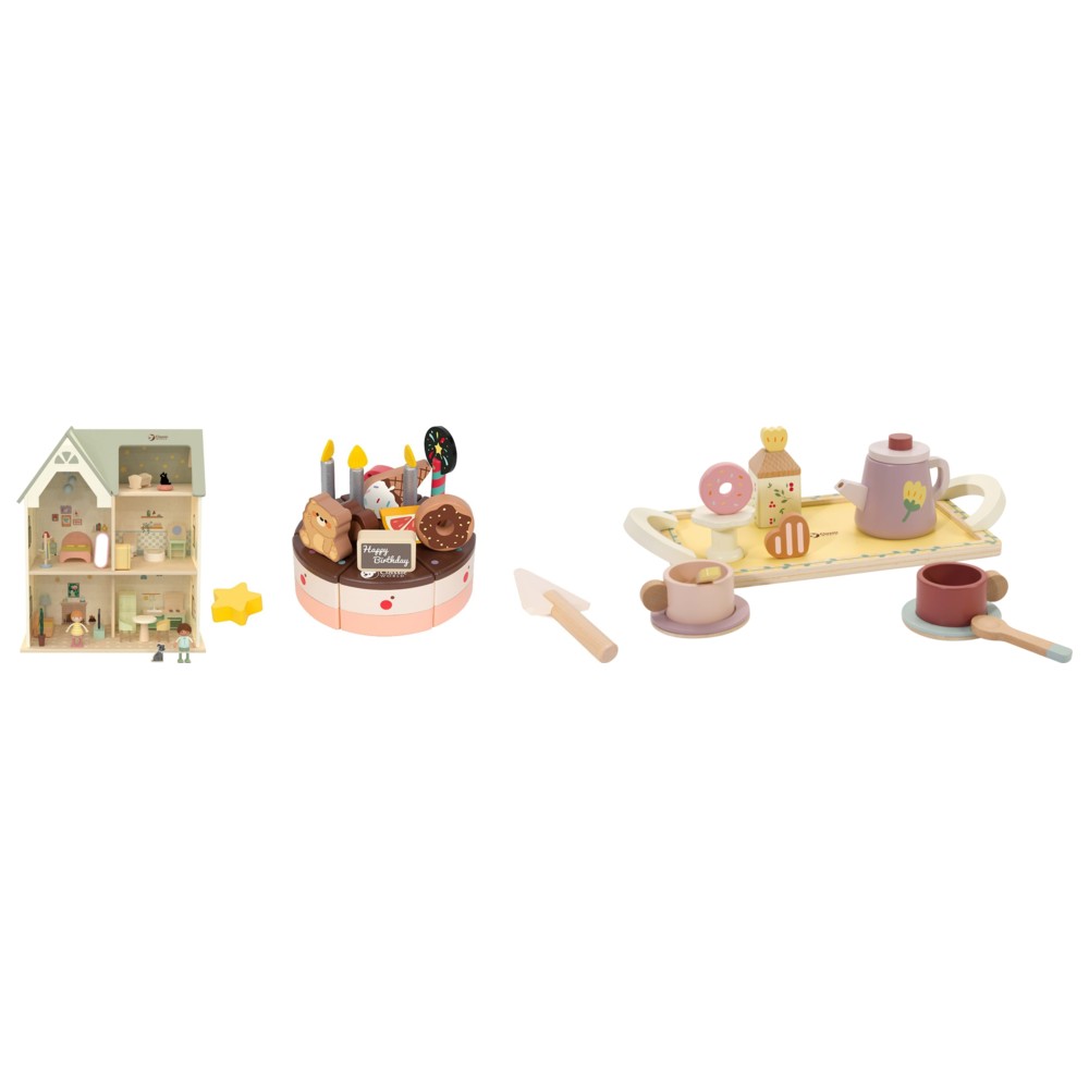 Classic World - Tea Party Set With Chocolate Cake Set And Cozy Cottage Dollhouse Bundle