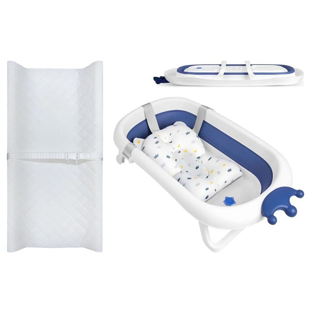 Bumble & Bird - Crown Style Foldable Bathtub with Cushion - Blue and Changing Pad - White