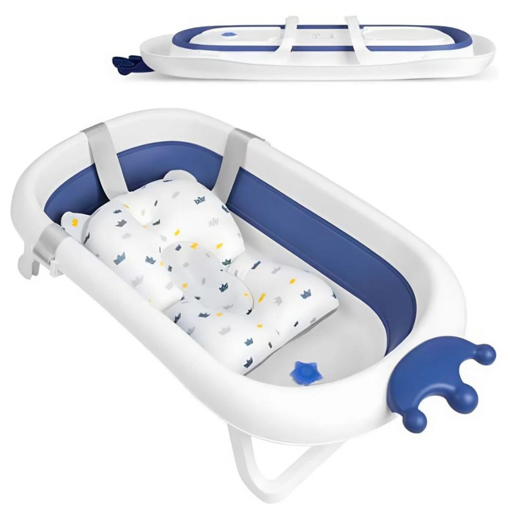 Bumble & Bird - Crown Style Foldable Bathtub with Cushion - Blue and Changing Pad - White