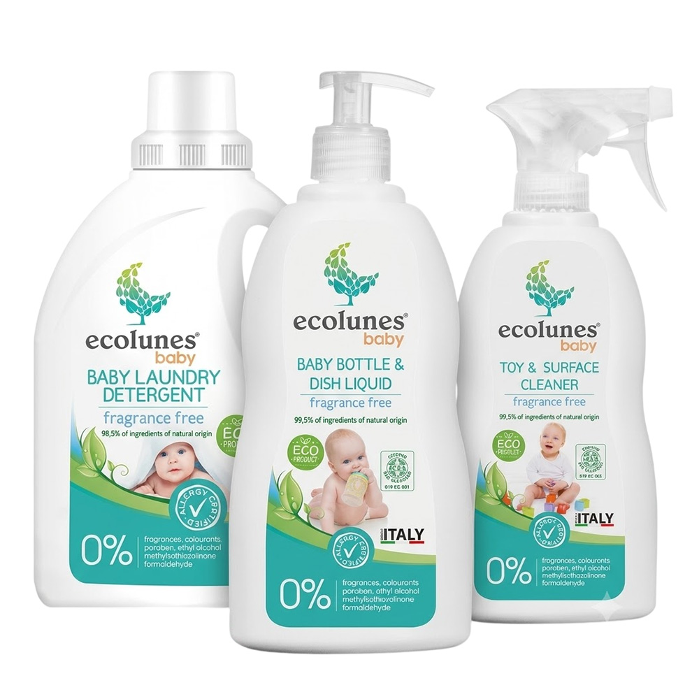 Ecolunes - Newborn Home Starter Kit: Baby Laundry Detergent - 1 L With Bottle & Dish Liquid - 500 ml And Toy & Surface Cleaner - 300 ml - 3 Pc Set