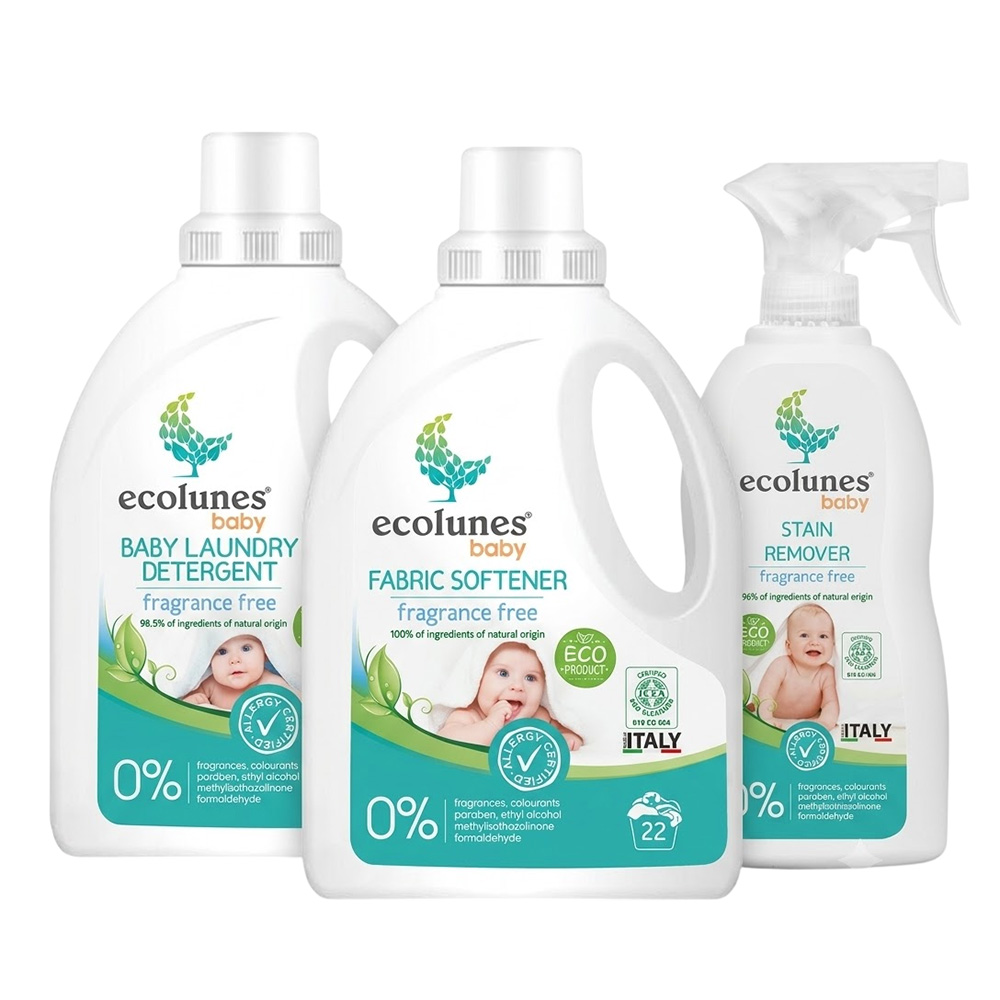 Ecolunes - Laundry Saver Set: Baby Laundry Detergent - 1 L With Baby Fabric Softener - 1 L And Baby Stain Remover - 300 ml - 3 Pc Set