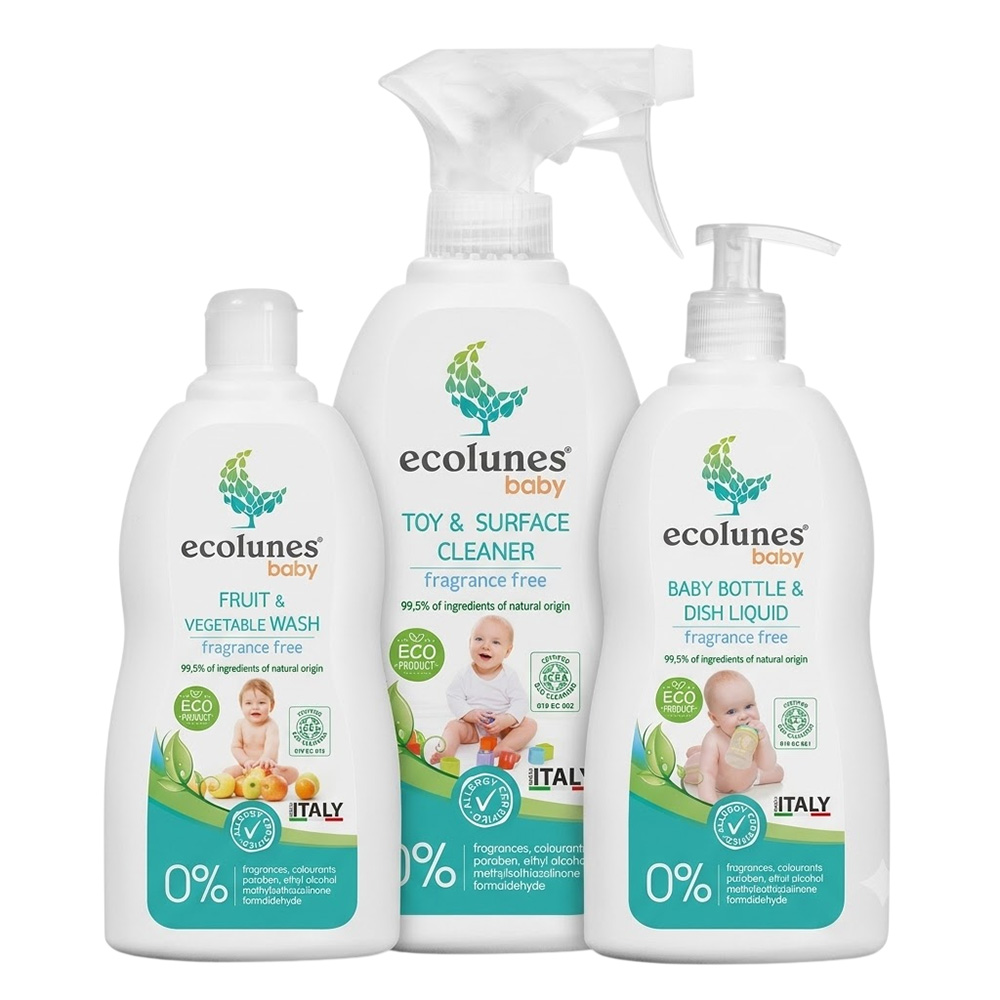 Ecolunes - Weaning Ready Pack: Fruit & Vegetable Wash - 500 ml With Bottle & Dish Liquid - 500 ml And Toy & Surface Cleaner - 300 ml - 3 Pc Set