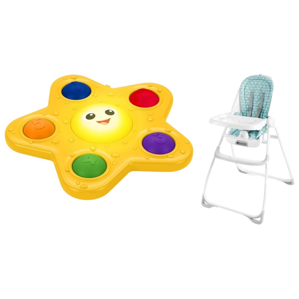 Ingenuity - OPP Folding High Chair - Blue With Baby Einstein Pop & Glow Starfish Suction Toy