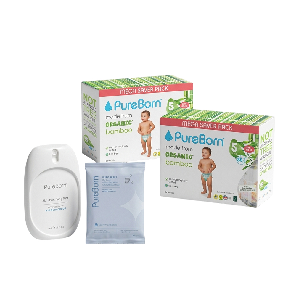PureBorn - Pure Reset Wipes - 10 Pcs With Mist - 50 ml And Nappies - Size 5 - 11-18 kg - Pack 2 - 88 Pcs