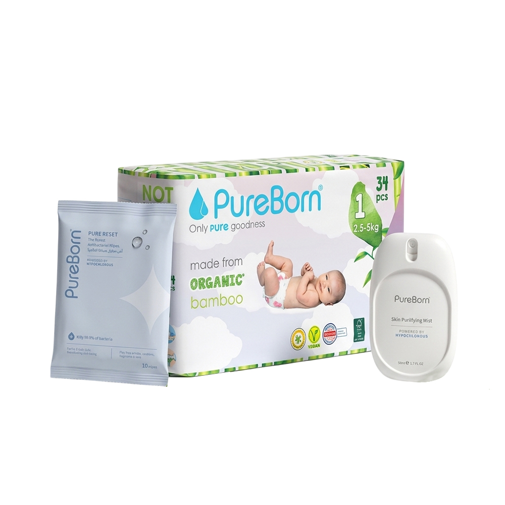 PureBorn - Pure Reset Wipes - 10 Pcs With Mist - 50 ml And Nappies - Size 1 - 2.5-5 kg - 34 Pcs
