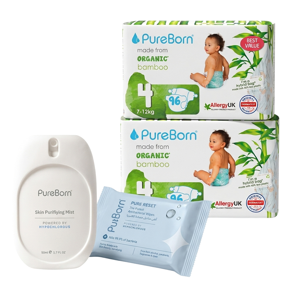 PureBorn - Pure Reset Wipes - 10 Pcs With Mist - 50 ml And Nappies - Size 4 - 7-12 kg - Pack of 2 - 192 Pcs