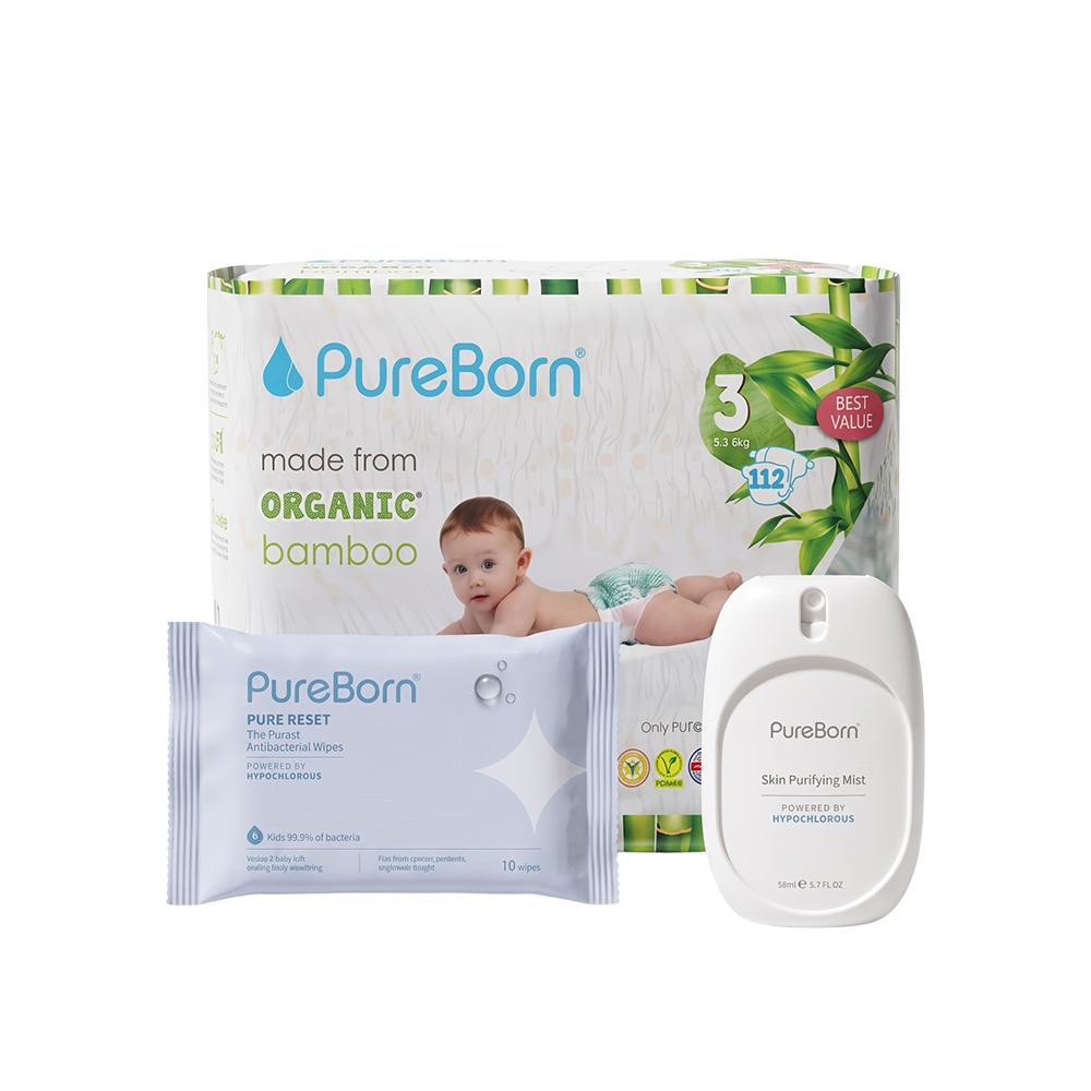 PureBorn - Pure Reset Wipes - 10 Pcs With Mist - 50 ml And Organic Nappies - Size 3 - M - 5.5-8 kg - 112 Pcs