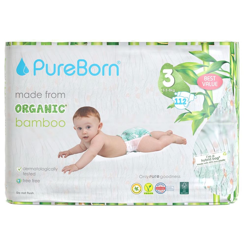 PureBorn - Pure Reset Wipes - 10 Pcs With Mist - 50 ml And Organic Nappies - Size 3 - M - 5.5-8 kg - 112 Pcs