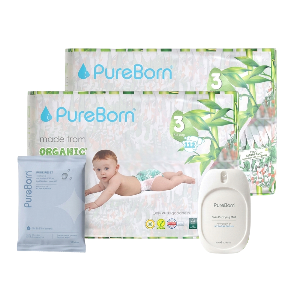 PureBorn - Pure Reset Wipes - 10 Pcs With Mist - 50 ml And Nappies - Size 3 - 5.5-8 kg - Pack of 2 - 224 Pcs