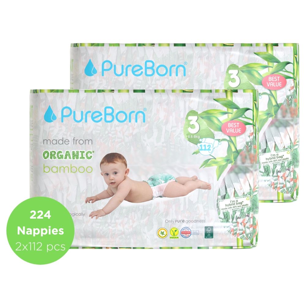 PureBorn - Pure Reset Wipes - 10 Pcs With Mist - 50 ml And Nappies - Size 3 - 5.5-8 kg - Pack of 2 - 224 Pcs
