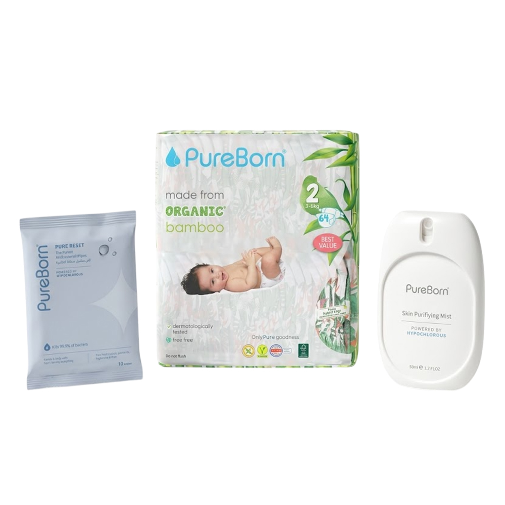 PureBorn - Pure Reset Wipes - 10 Pcs With Mist - 50 ml And Nappies - Size 2 - 3-6 kg - 64 Pcs