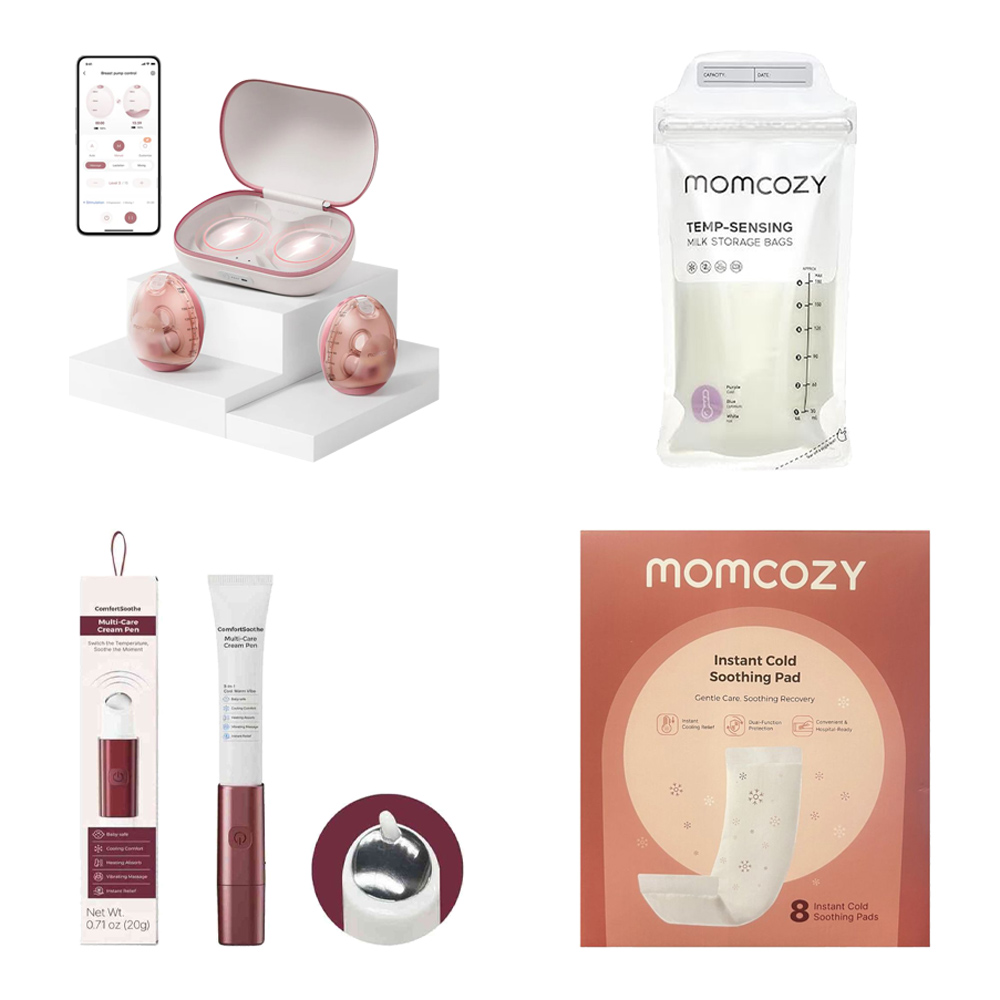 Momcozy - Air 1 Double Hands Free Ultra-slim Wireless Charging Breast Pump - Cozy Red With Free Mom Care Kit - 3 Pcs