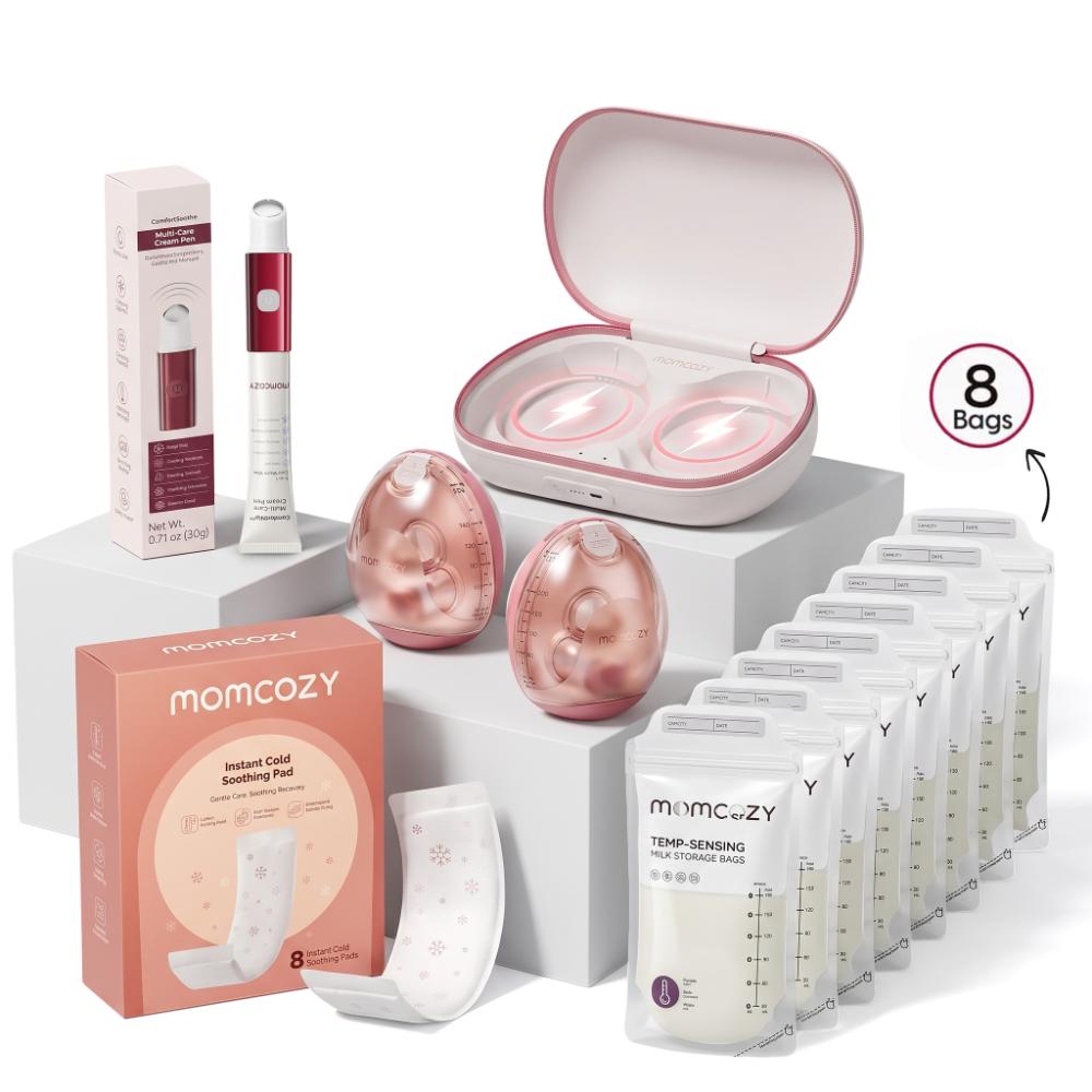 Momcozy - Air 1 Double Hands Free Ultra-slim Wireless Charging Breast Pump - Cozy Red With Free Mom Care Kit - 3 Pcs
