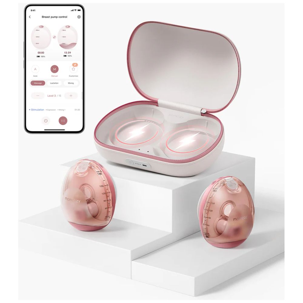 Momcozy - Air 1 Double Hands Free Ultra-slim Wireless Charging Breast Pump - Cozy Red With Free Mom Care Kit - 3 Pcs