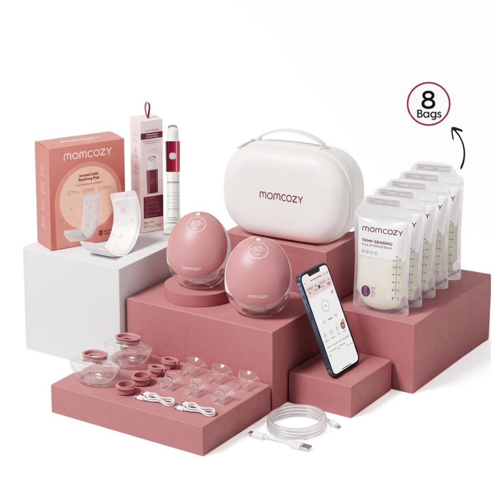 Momcozy - M9 Hands-Free Breast Pump - Cozy Red - 2 Pcs With Free Mom Care Kit - 3 Pcs