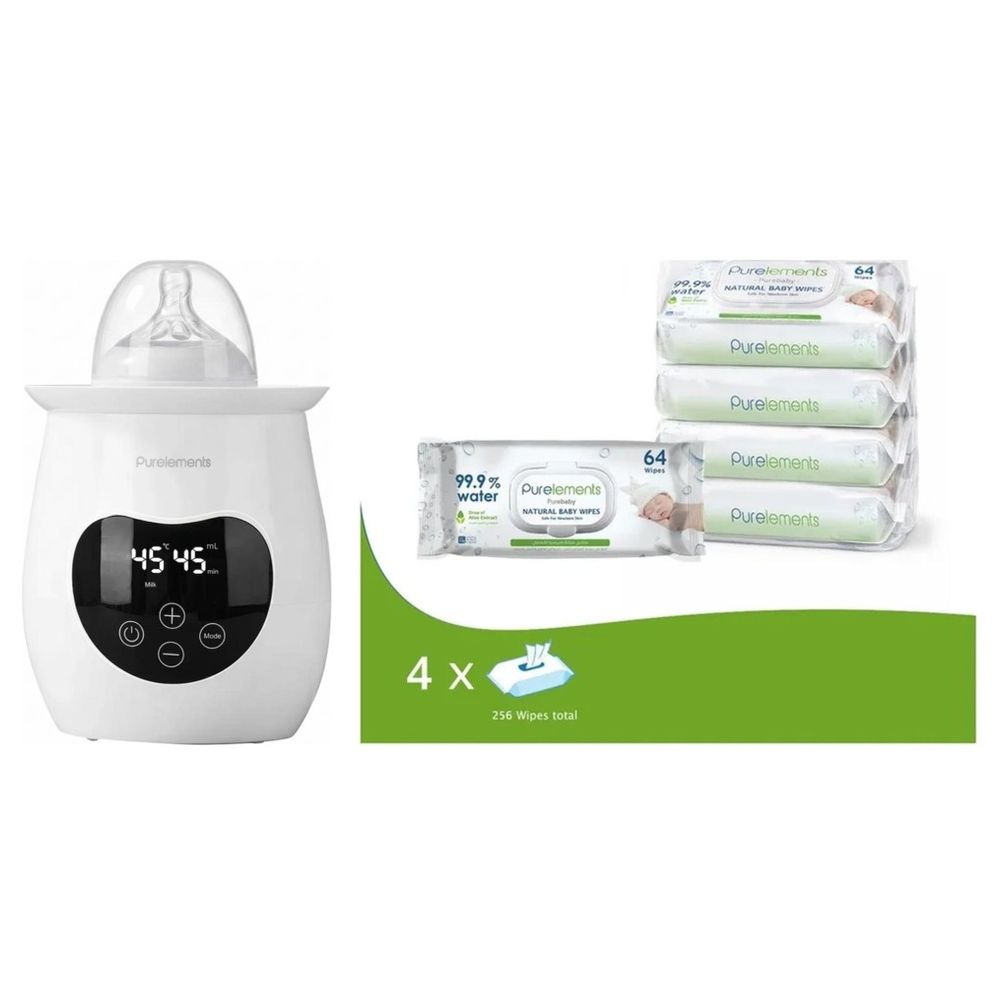 Purelements - 5-in-1 Baby Bottle & Food Warmer - White and Aloe Vera 99.9% Water Wipes - Pack Of 4 - 256 Pcs