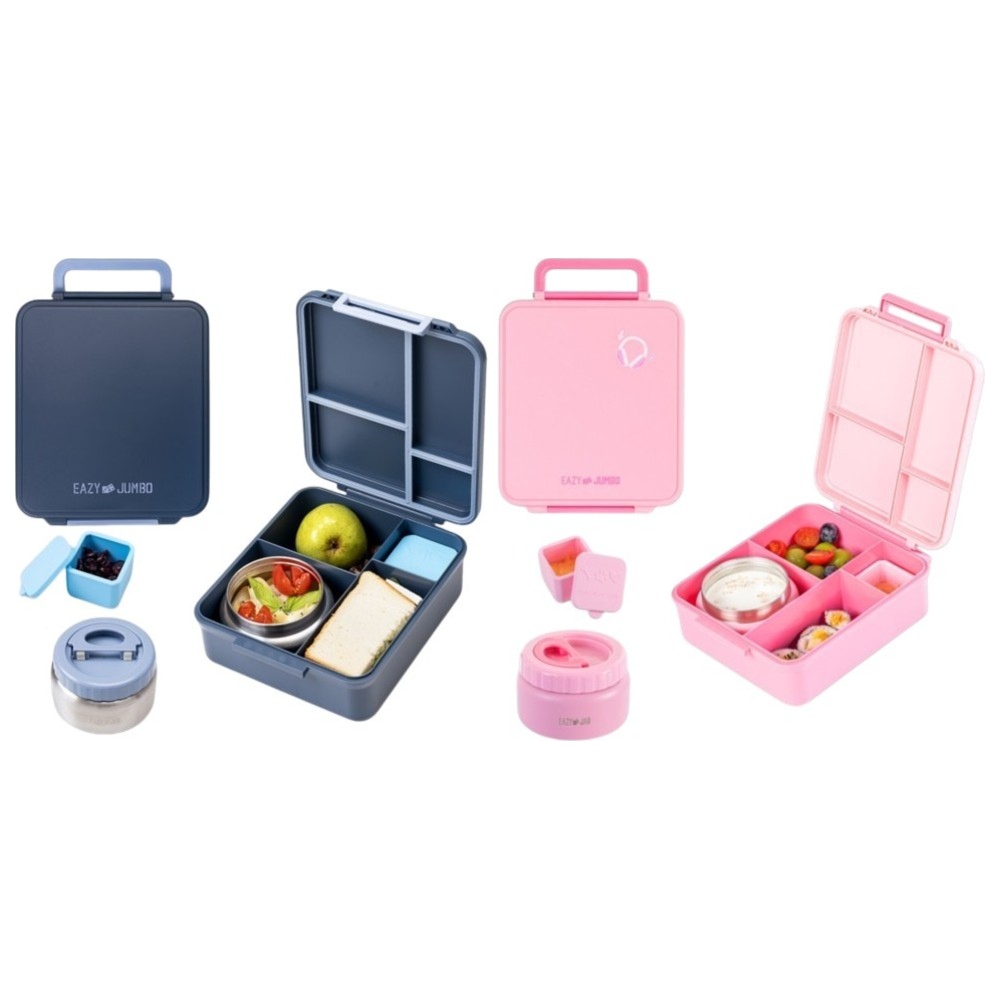 Eazy Kids - Jumbo Bento Lunch Box With Thermos & Dip Jar- Pink And Grey